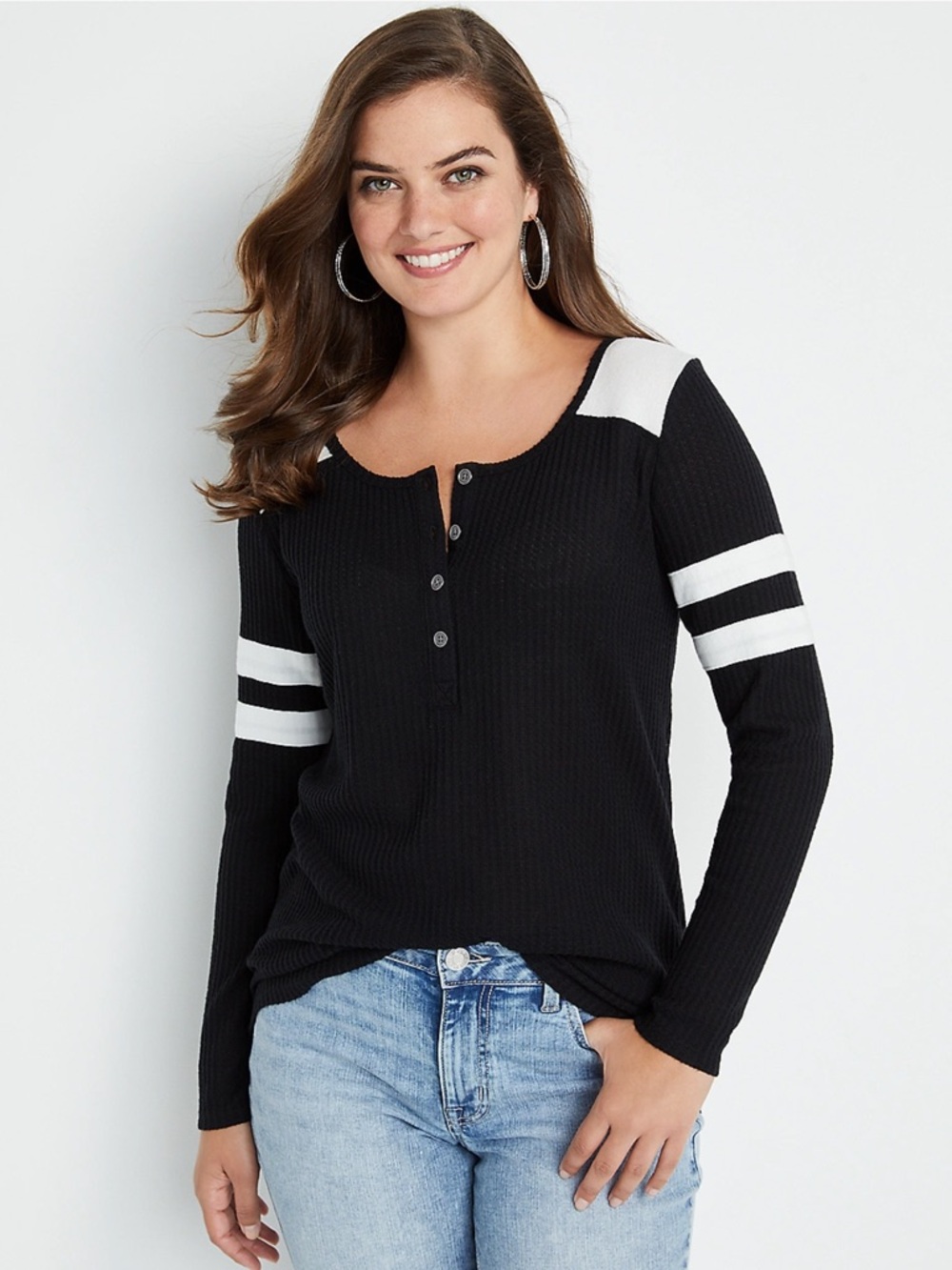 Maurices Black Long-Sleeve Henley with White Stripe Detail